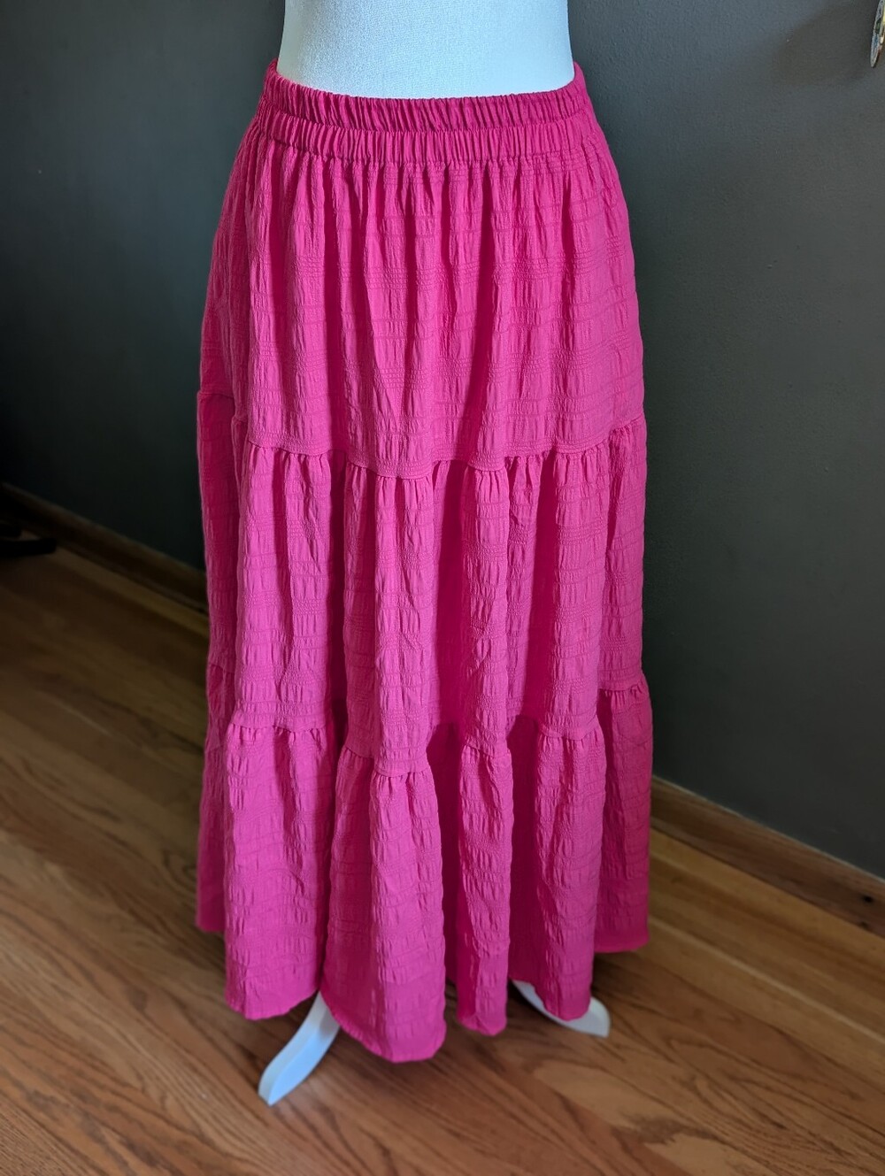 Hot Pink Tiered Maxi Skirt Medium Smocked Waist Lined Tropical Festive Boho
